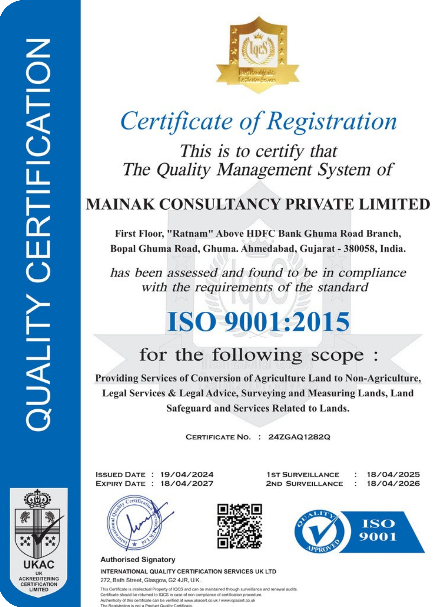 ISO 9001:2015 Certificate - Mainak Group